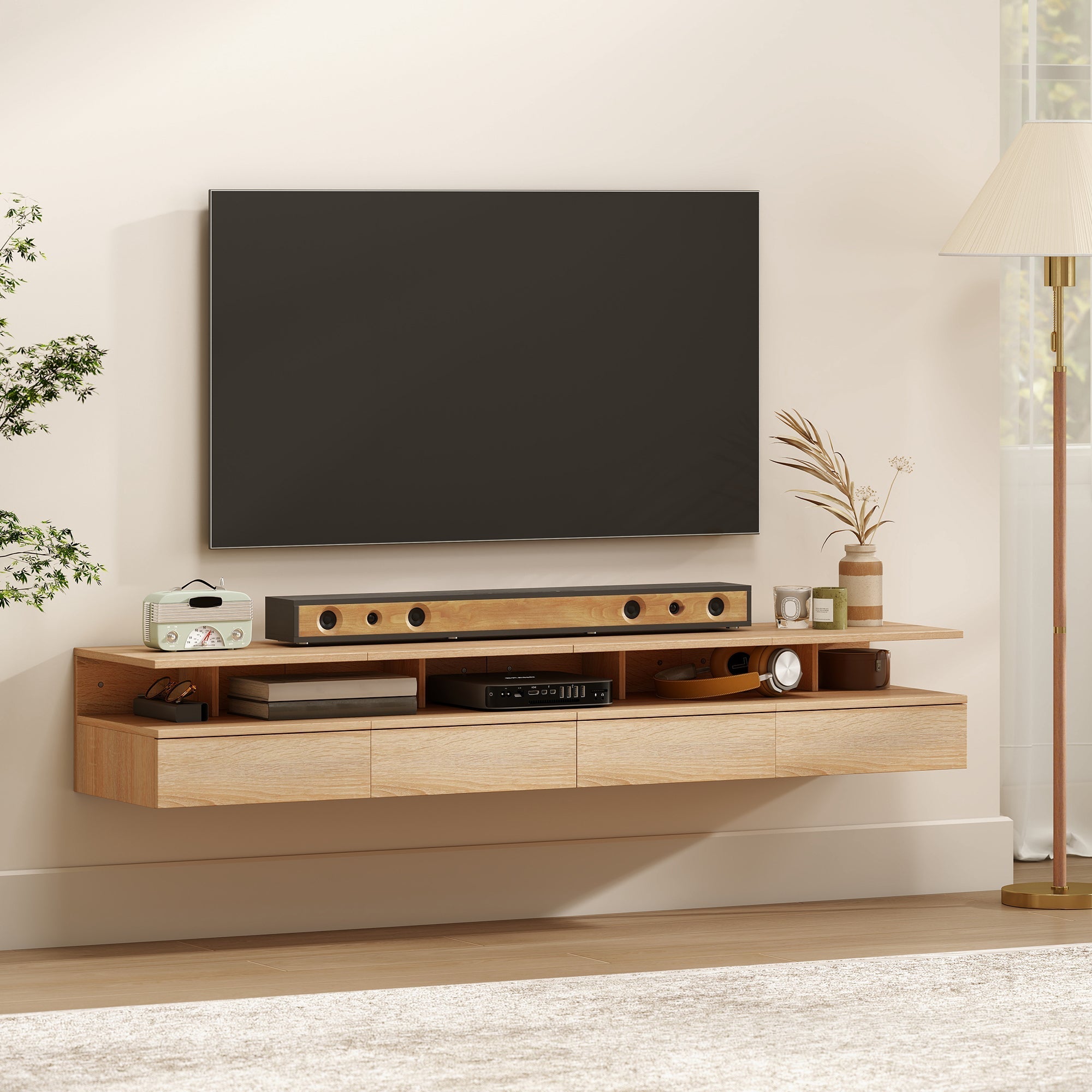 Light wood floating bedside tables set with open shelves and drawers for decor and electronics saving floor space