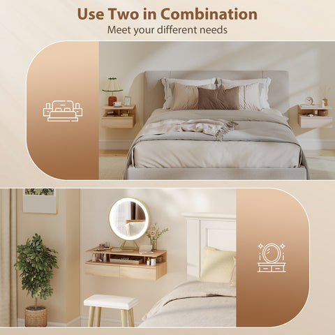 Light wood HOMCOM set of two floating bedside tables with oak finish and floating design to save floor space