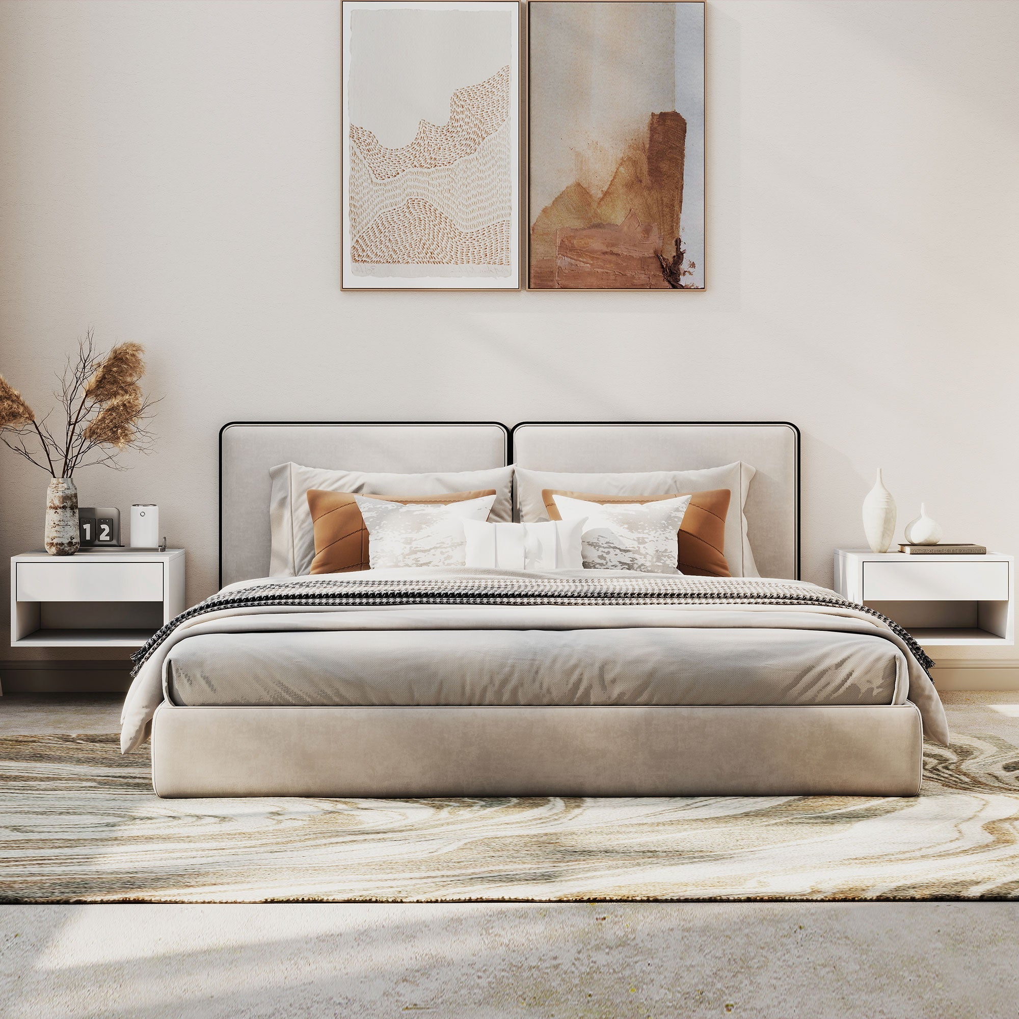 Beige upholstered bed with black frame and layered pillows next to white particle board bedside tables with open shelf