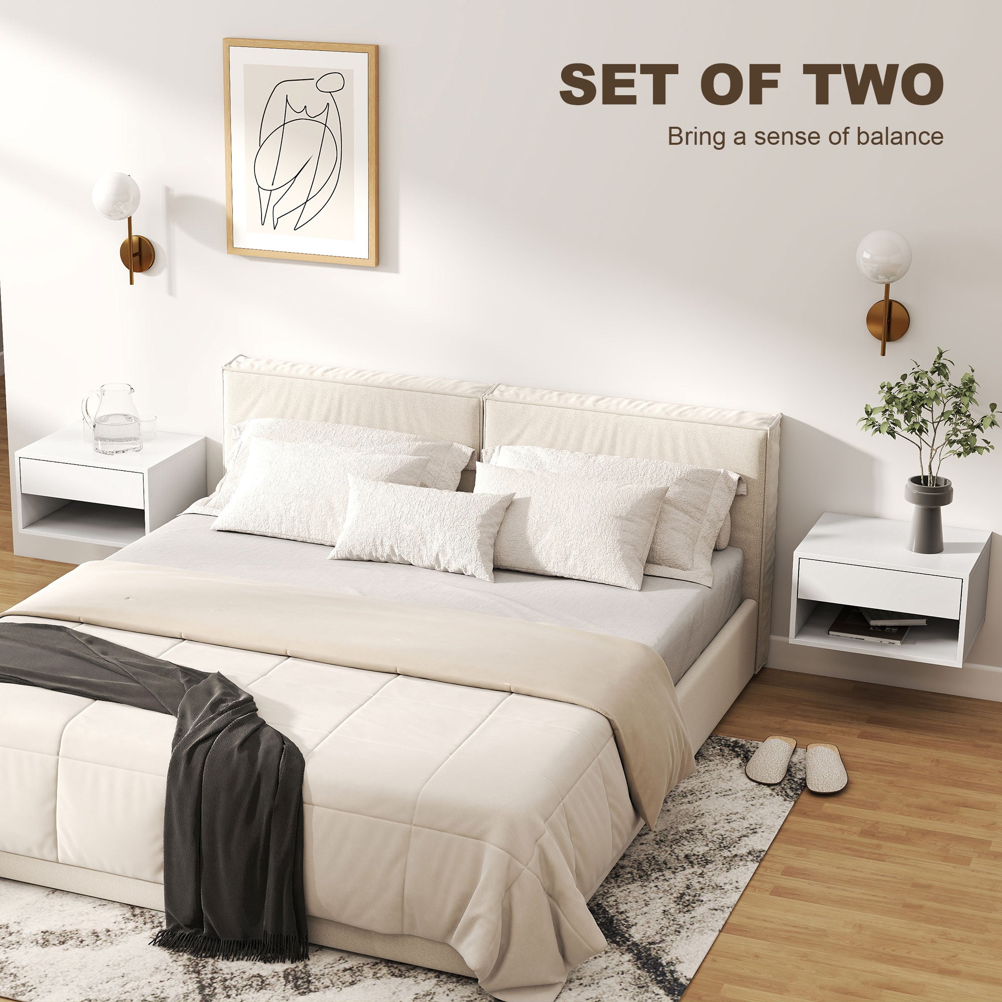 Cream-colored upholstered bed with tufted headboard and matching bedding next to white particle board bedside tables with open shelf