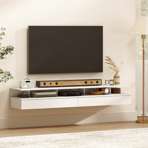 Modern white floating bedside tables with sleek minimalist design and storage to save floor space and enhance floating design