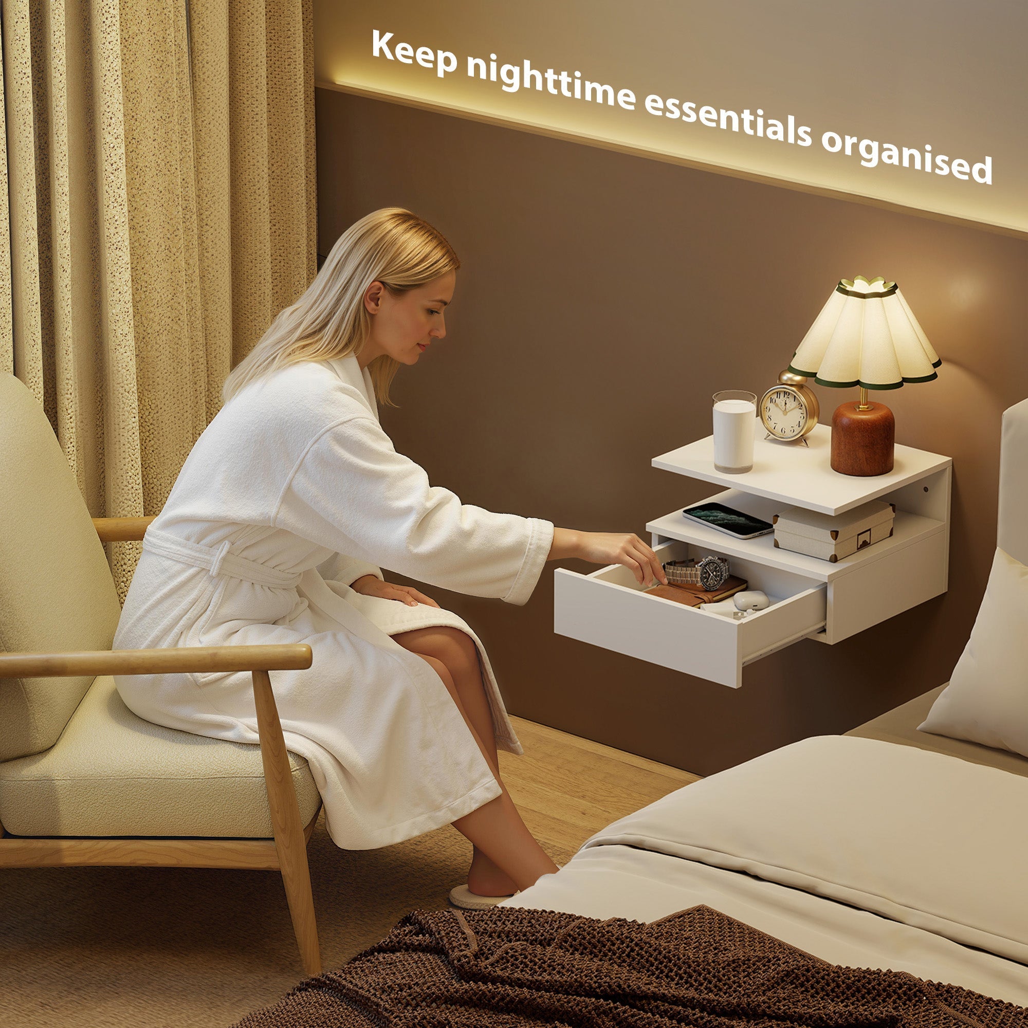 White homcom floating bedside with two drawers and top shelf saves floor space with sleek floating design