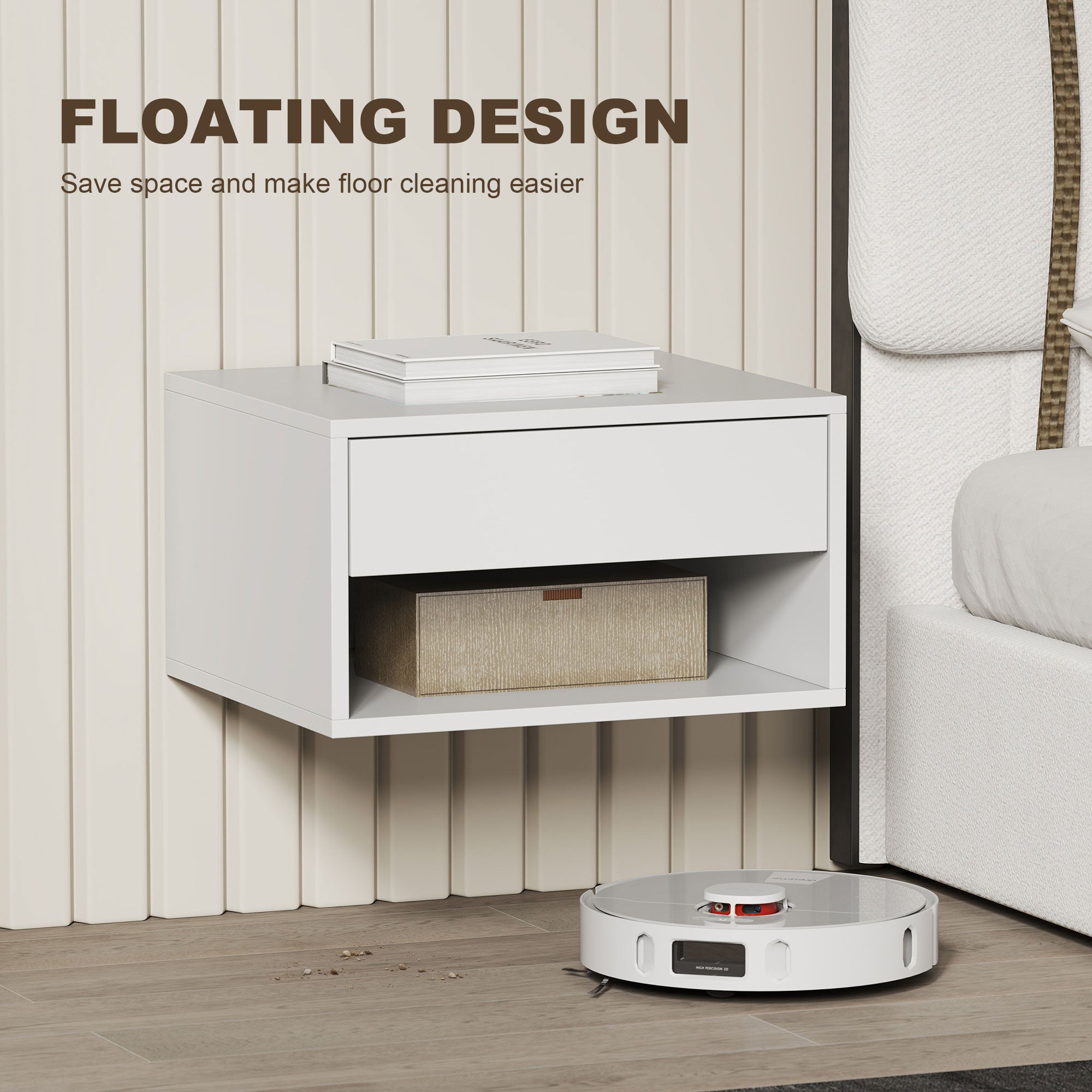 White floating bedside table set of two with single drawer and open shelf made of particle board