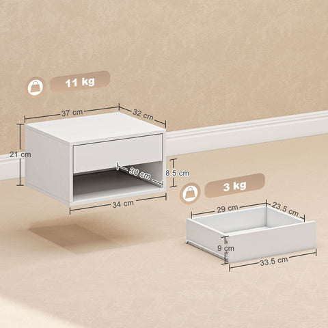 White homcom bedside table made of particle board with single drawer and open shelf floating design