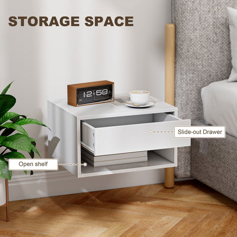 White particle board bedside tables with slide-out drawer and open shelf for minimalist bedroom storage