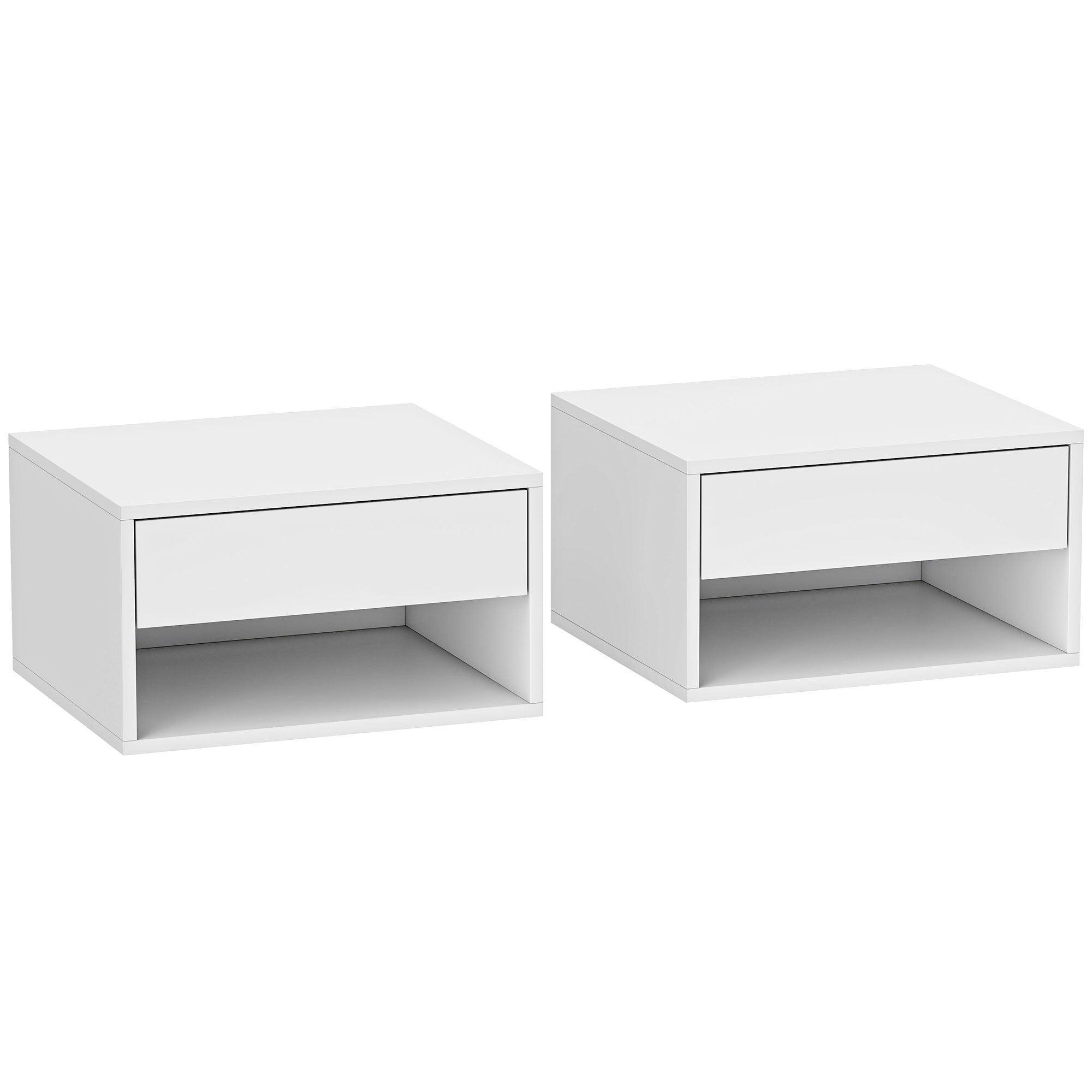 Pair of sleek white particle board bedside tables with single drawers and open shelves floating design by homcom