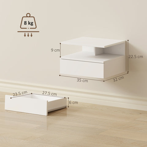 White homcom floating bedside table set with drawer and shelf saves floor space with sleek modern floating design