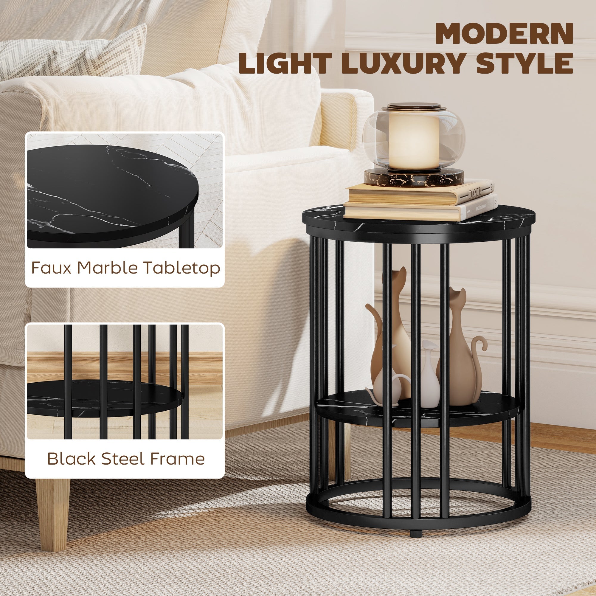 Black large and small coffee tables set with faux marble tops and sleek black steel cage-style frames by homcom
