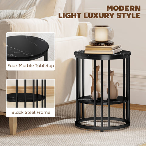 Black large and small coffee tables set with faux marble tops and sleek black steel cage-style frames by homcom