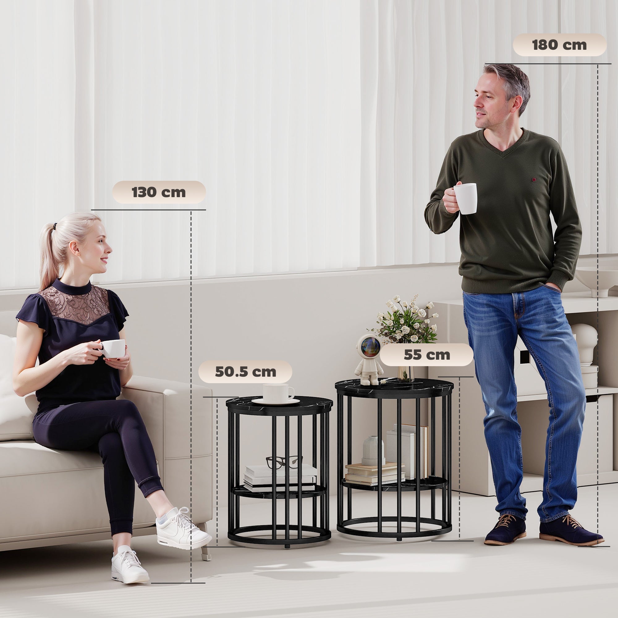 Black metal cylindrical coffee table set with two shelves and circular base marble effect small and large tables