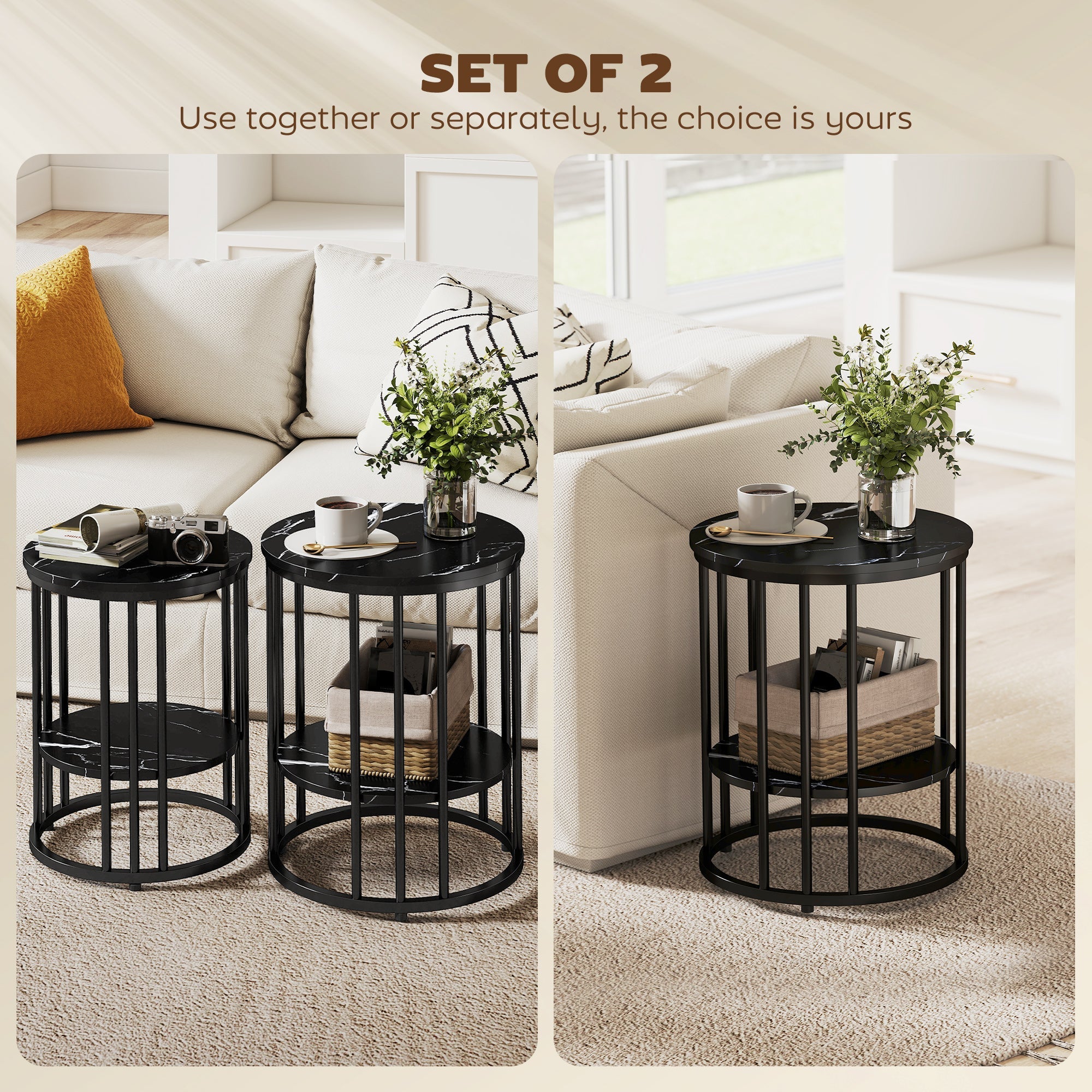 Black metal coffee tables set with round marble tops and open cylindrical frames including large and small table