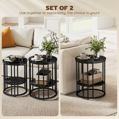 Black metal coffee tables set with round marble tops and open cylindrical frames including large and small table