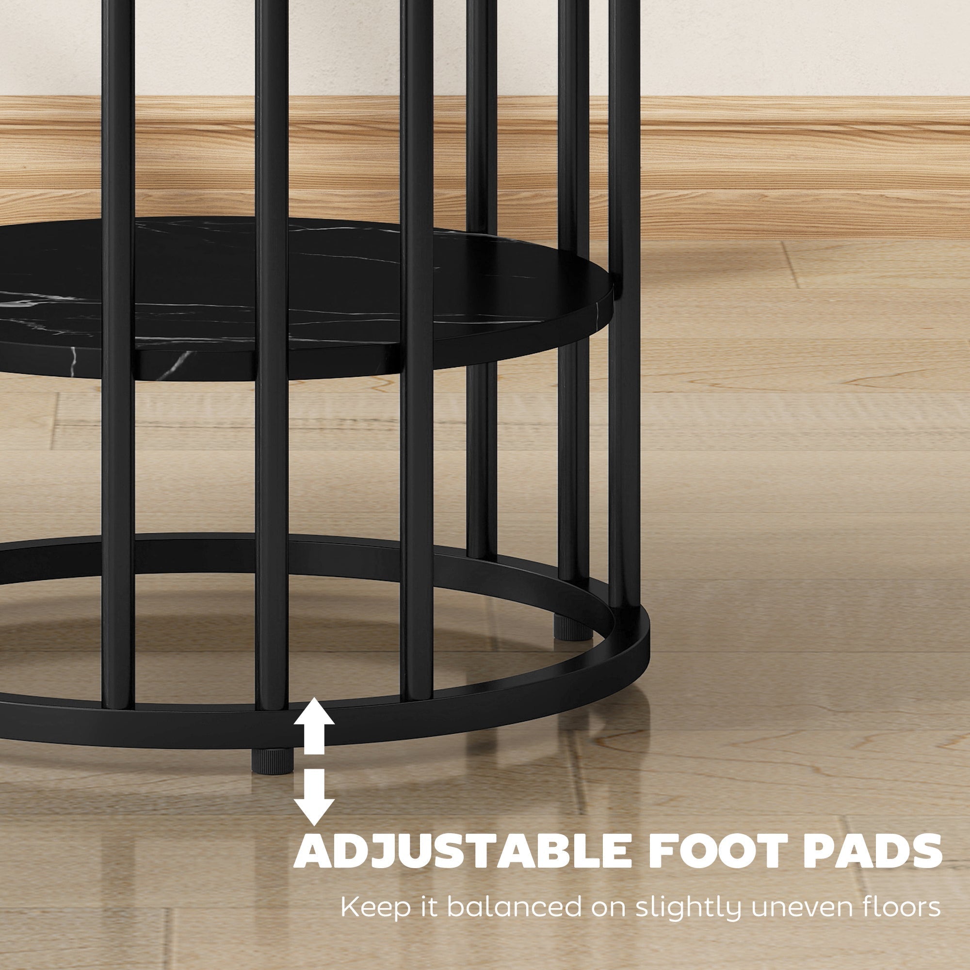 Black metal coffee table set with two marble-effect shelves and adjustable foot pads for stability small and large table