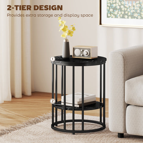 Black metal coffee table set with two tiers and marble effect tops including large and small tables by homcom