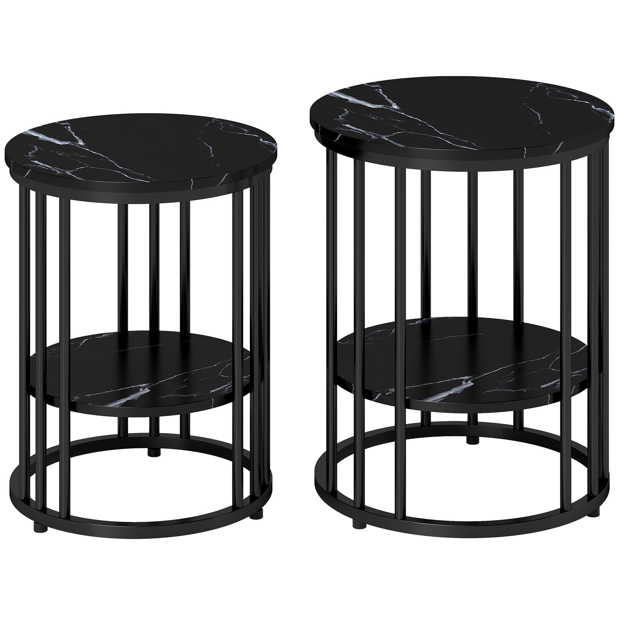 Black marble-top side tables with sleek metal frames perfect as a coffee table set with large and small table options