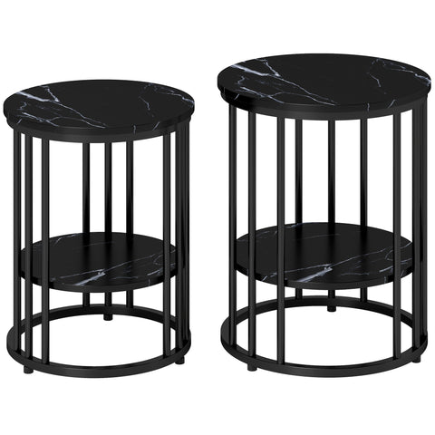 Black marble-top side tables with sleek metal frames perfect as a coffee table set with large and small table options