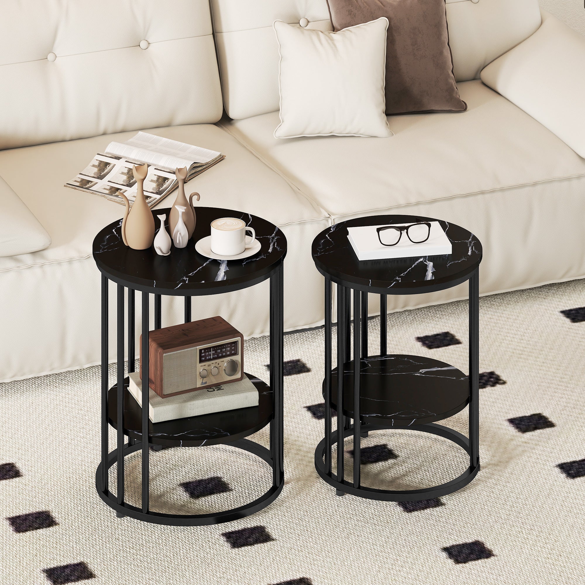 Black marble-top small and large side tables with sleek black metal frames perfect as coffee tables