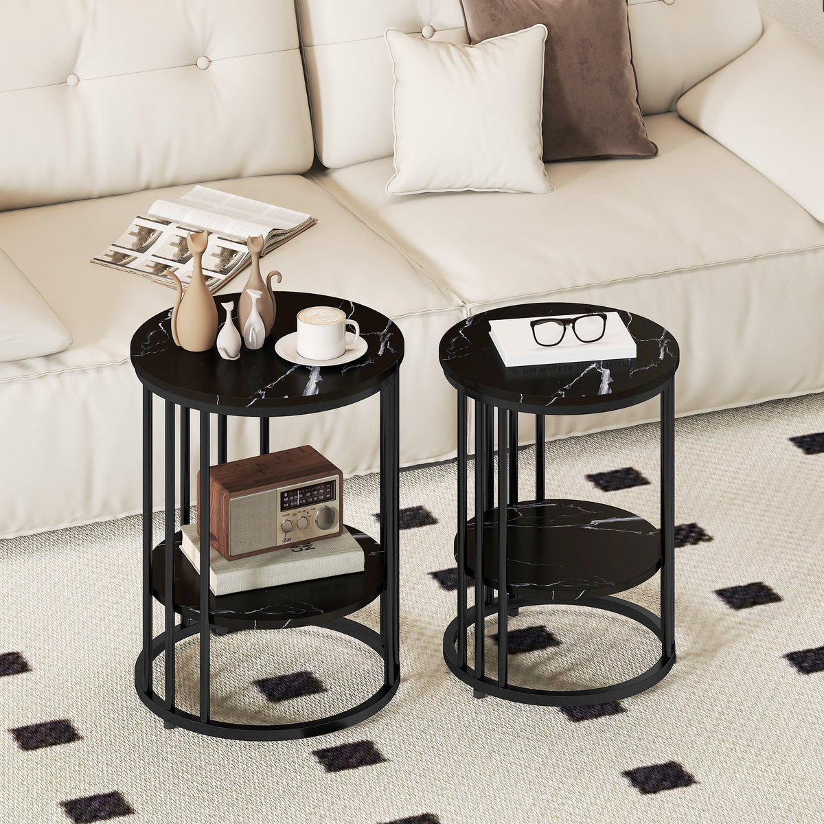 Black marble-top small and large side tables with sleek black metal frames perfect as coffee tables