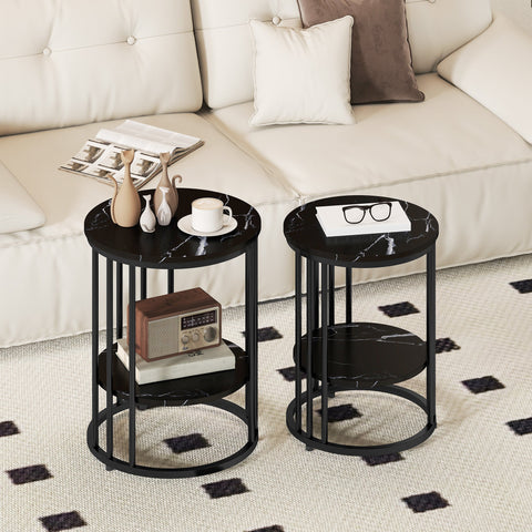 Black marble-top small and large side tables with sleek black metal frames perfect as coffee tables