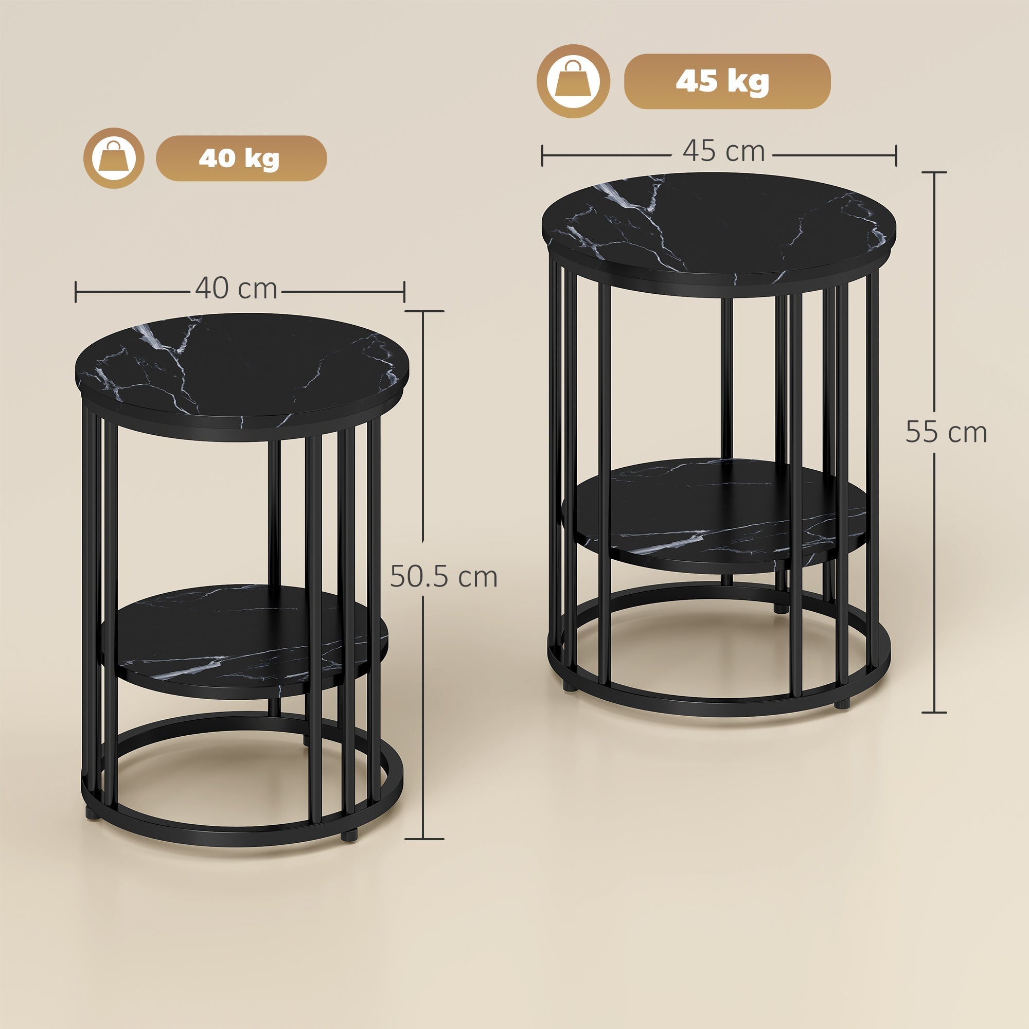 Black HOMCOM set of two marble-effect coffee tables with marble top, sleek metal frame, small and large table options