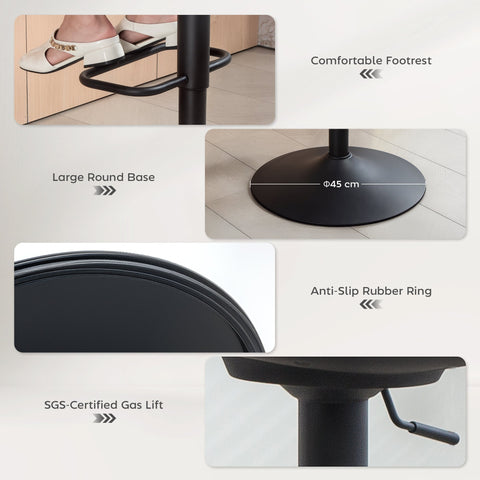 Black metal bar stools with large round base, anti-slip rubber ring, and sgs-certified gas lift for maximum load, grey
