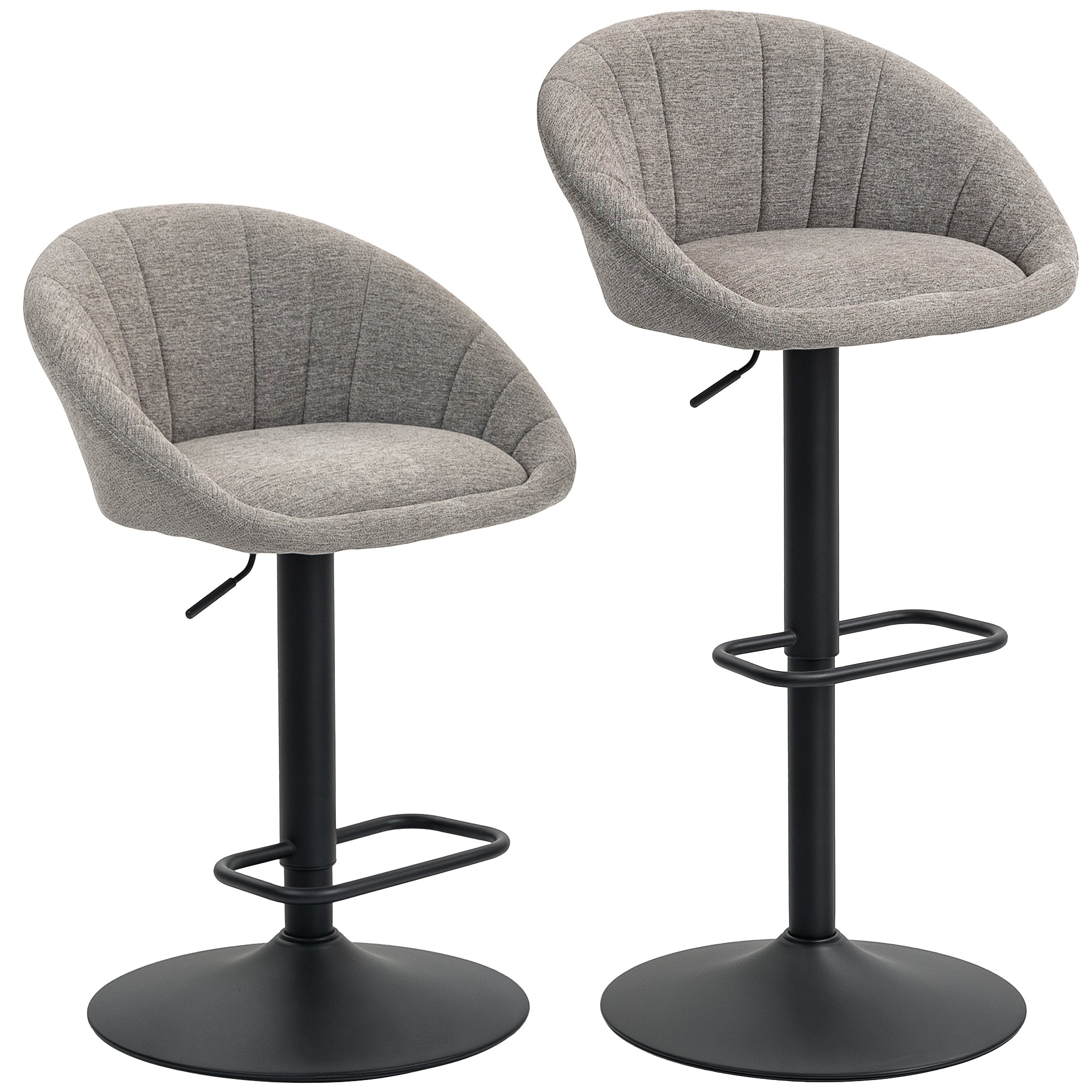 Modern grey upholstered bar stools with black metal bases and adjustable height for max load comfort and style