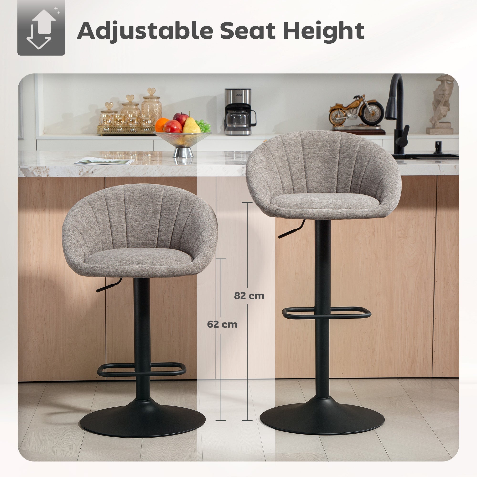 Gray upholstered bar stools with black metal base and adjustable height offering strong maximum load support
