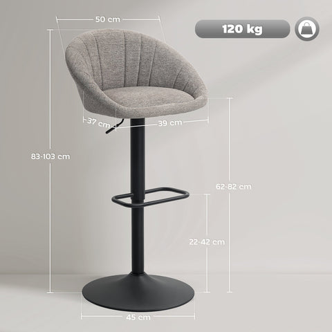 Gray upholstered bar stools set of two with black metal base adjustable height and strong maximum load capacity