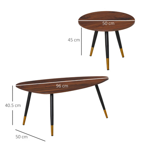 Scandinavian-style coffee table set with dark walnut wood top and black legs with gold tips perfect as large or small table