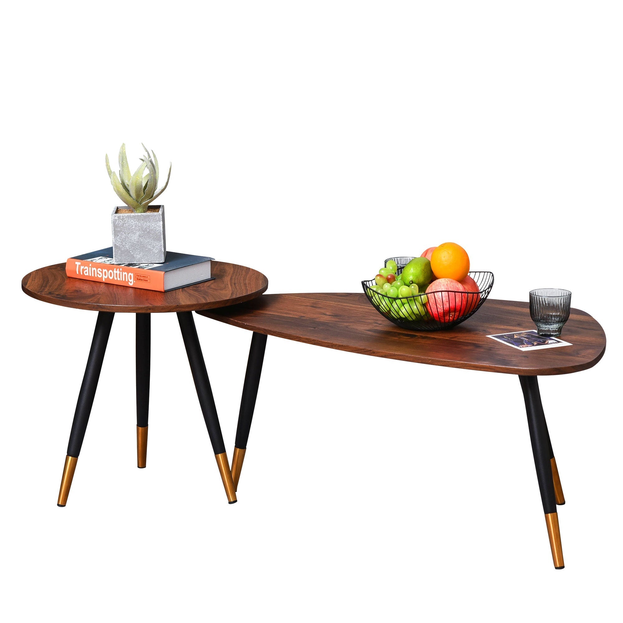 Modern walnut coffee table set with black legs and gold-tipped feet featuring a large table and small table design