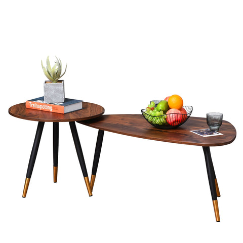 Modern walnut coffee table set with black legs and gold-tipped feet featuring a large table and small table design