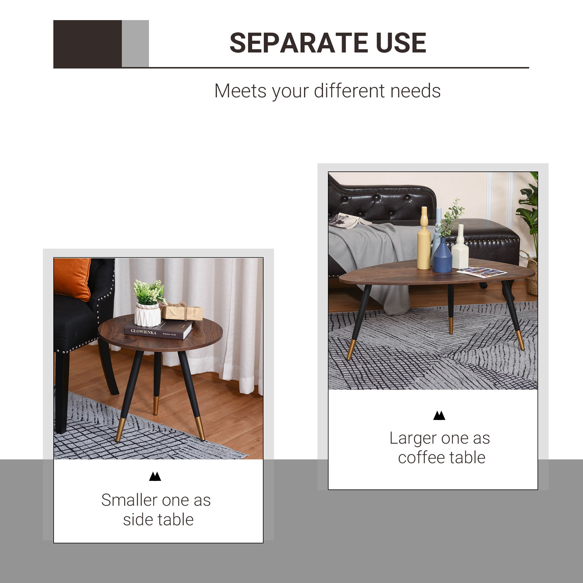 Modern oval coffee table set with dark walnut top and black legs with gold accents perfect as small or large table