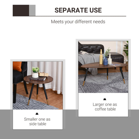 Modern oval coffee table set with dark walnut top and black legs with gold accents perfect as small or large table