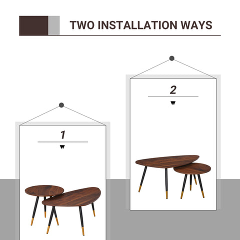 Set of two scandinavian-style nesting coffee tables with walnut tops and black legs with gold feet, perfect small tables