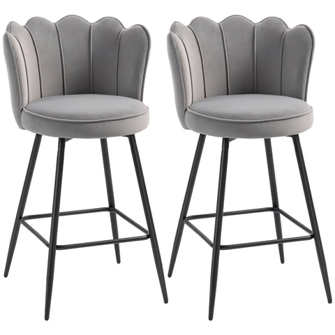 Gray velvet feel bar stools with scalloped backrests and black steel legs from homcom set of two