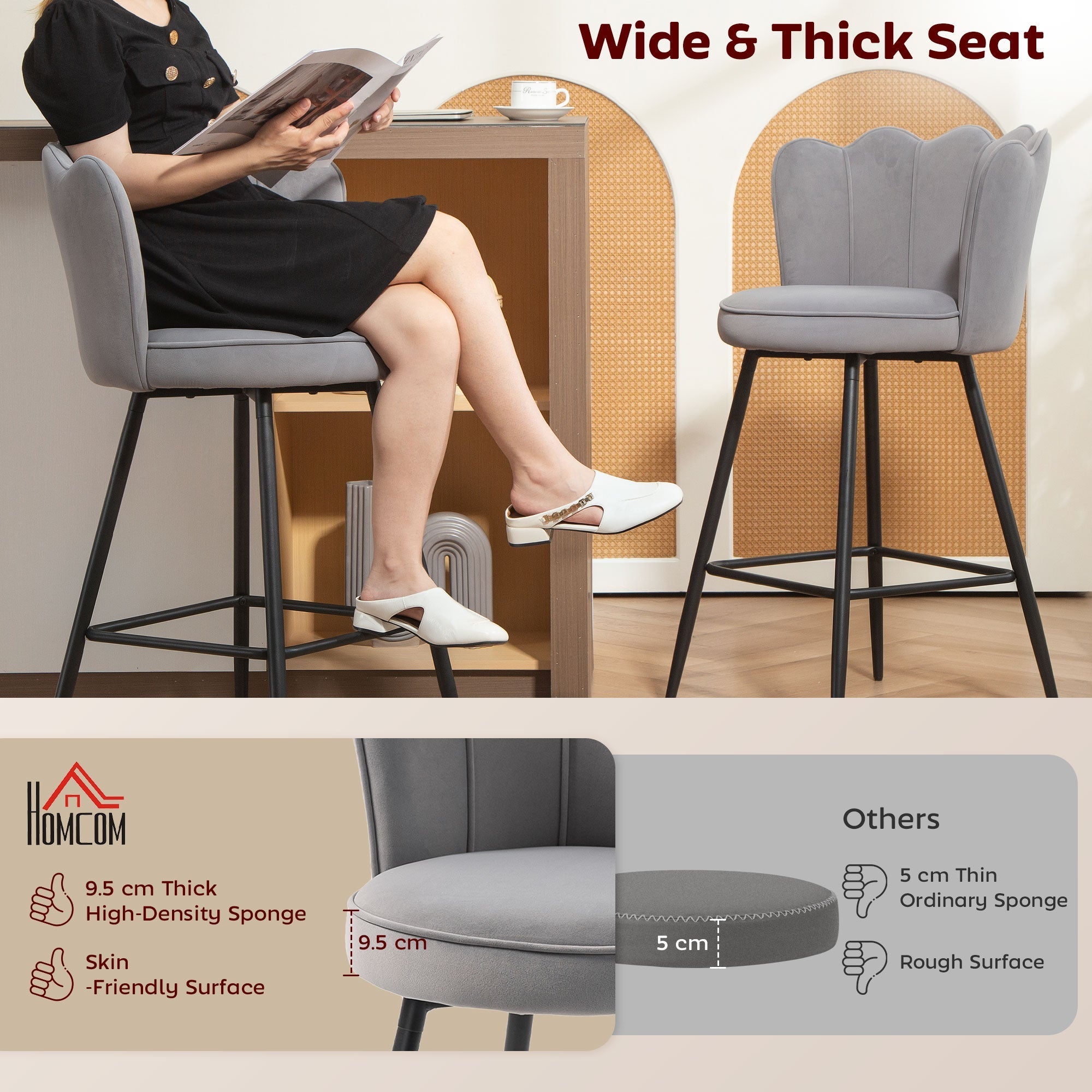 Gray upholstered bar stools with velvet-feel upholstery, wide thick seat, and black steel legs from HOMCOM set of two