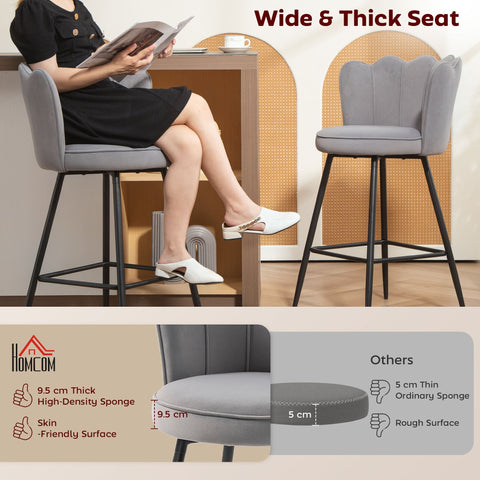 Gray upholstered bar stools with velvet-feel upholstery, wide thick seat, and black steel legs from HOMCOM set of two