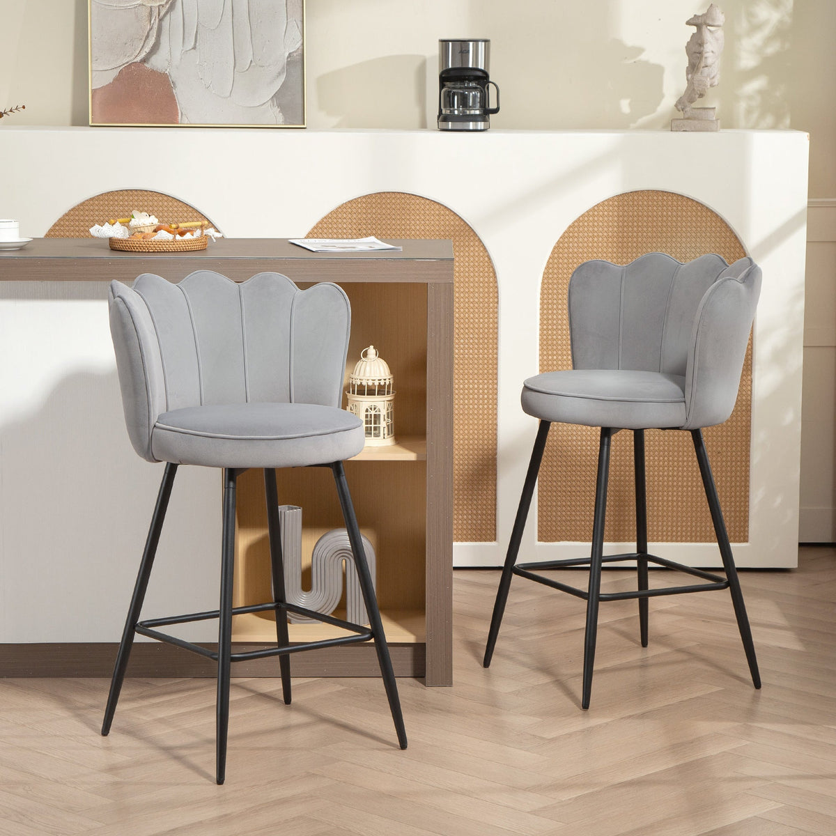 Gray velvet-feel bar stools with scalloped backs and black steel legs set of two by HOMCOM