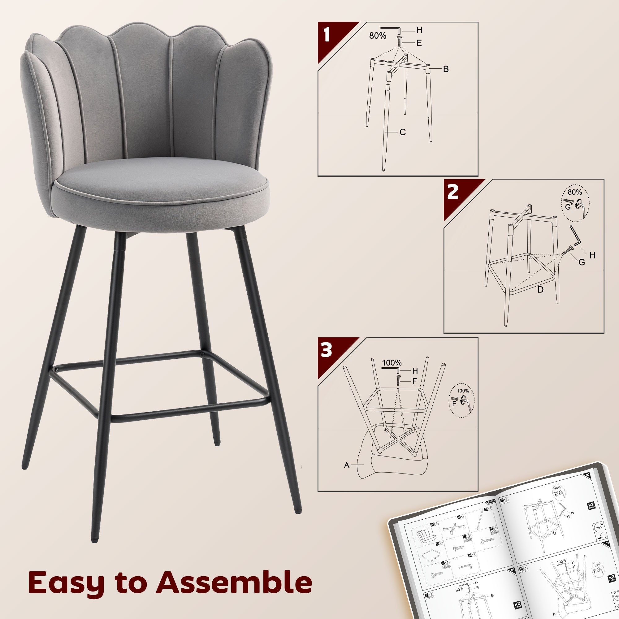 Gray velvet-feel bar stools with scalloped backrest and black steel legs from HOMCOM set of two