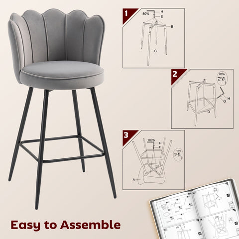 Gray velvet-feel bar stools with scalloped backrest and black steel legs from HOMCOM set of two