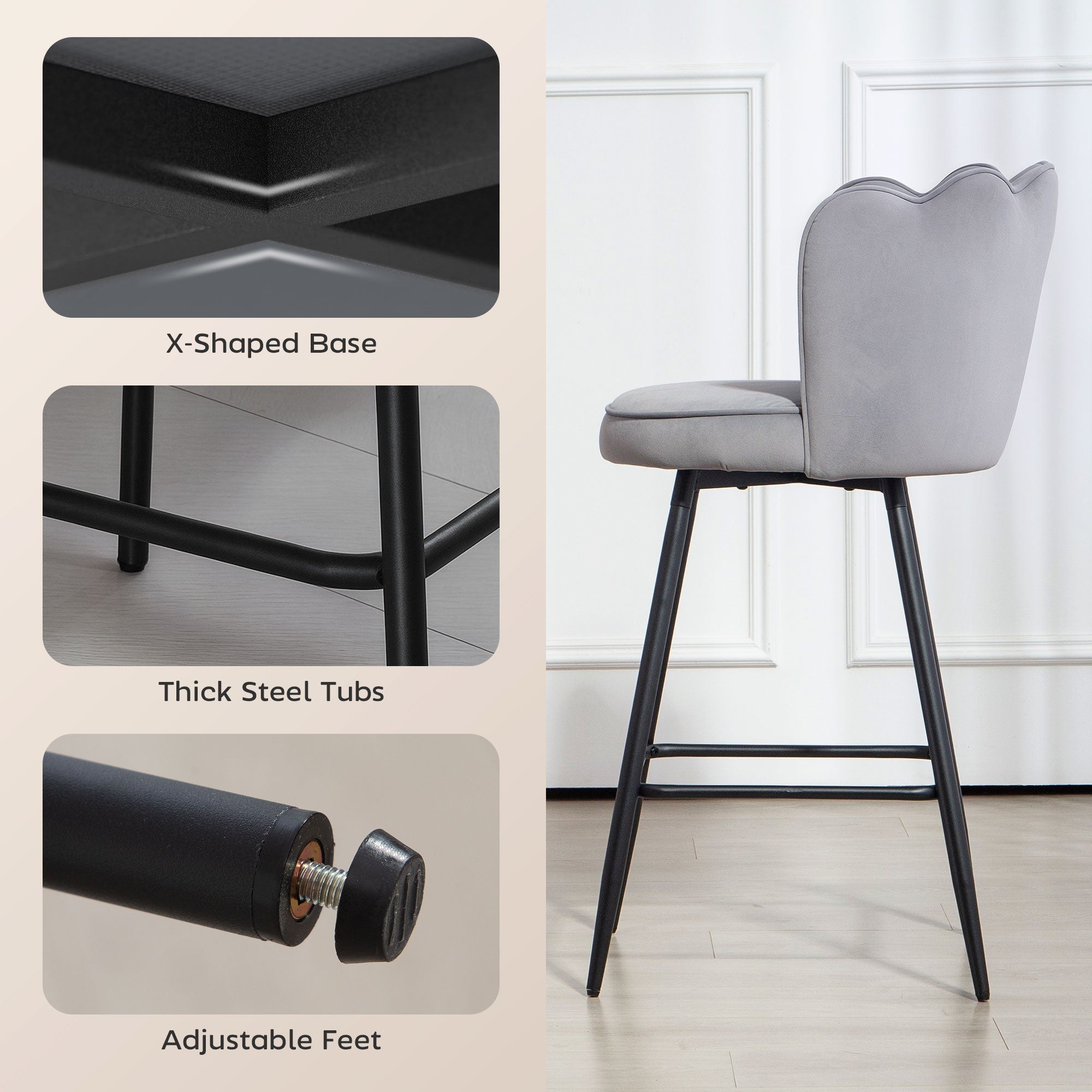 Gray velvet-feel bar stools with scalloped backrest and black steel legs in set of two by HOMCOM