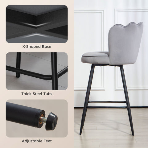 Gray velvet-feel bar stools with scalloped backrest and black steel legs in set of two by HOMCOM