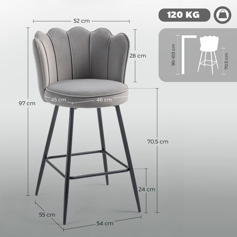 Gray velvet-feel bar stools with scalloped back and black steel legs from homcom set of two for stylish seating
