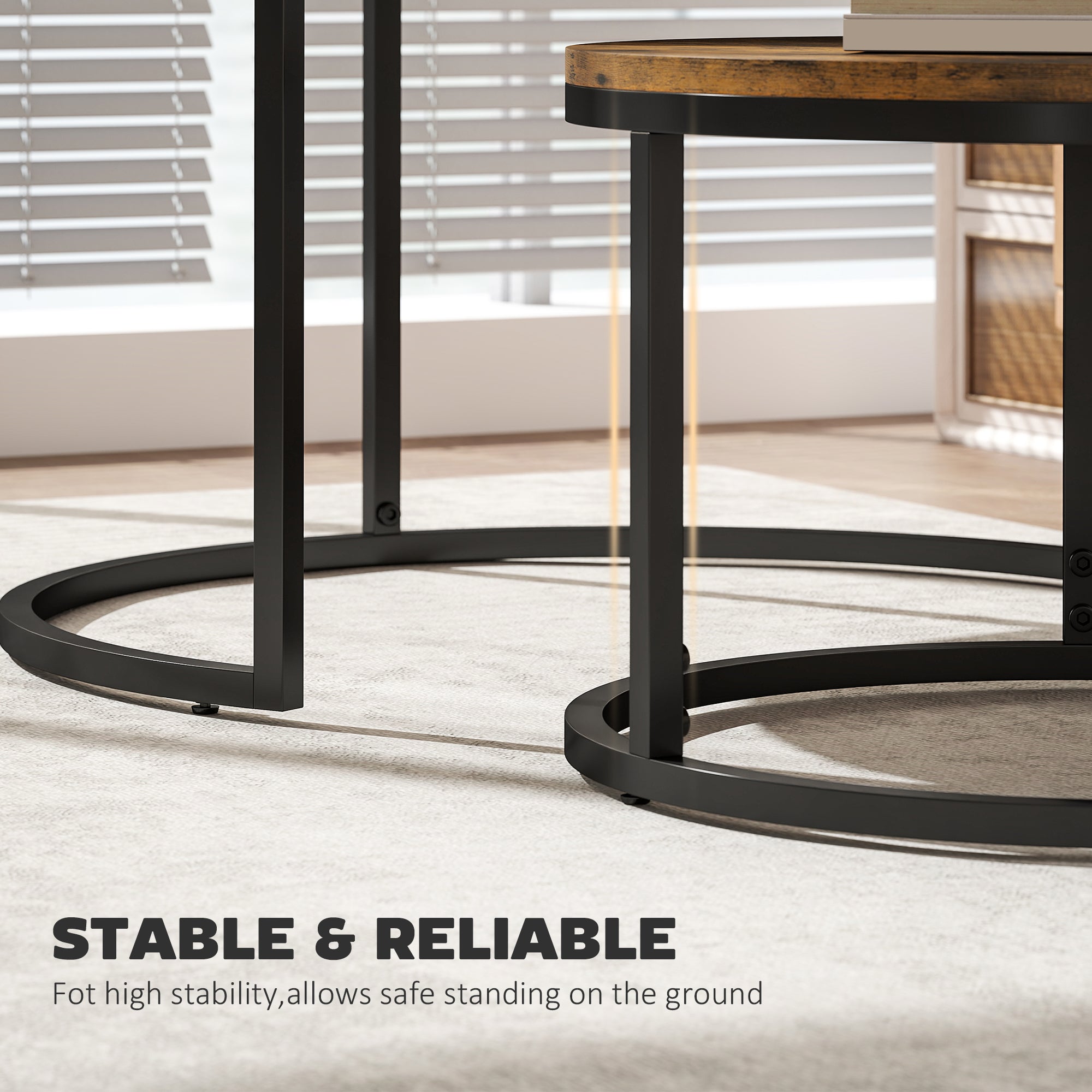 Black metal circular coffee table with rustic brown wood-effect large table tops in homcom stacking set
