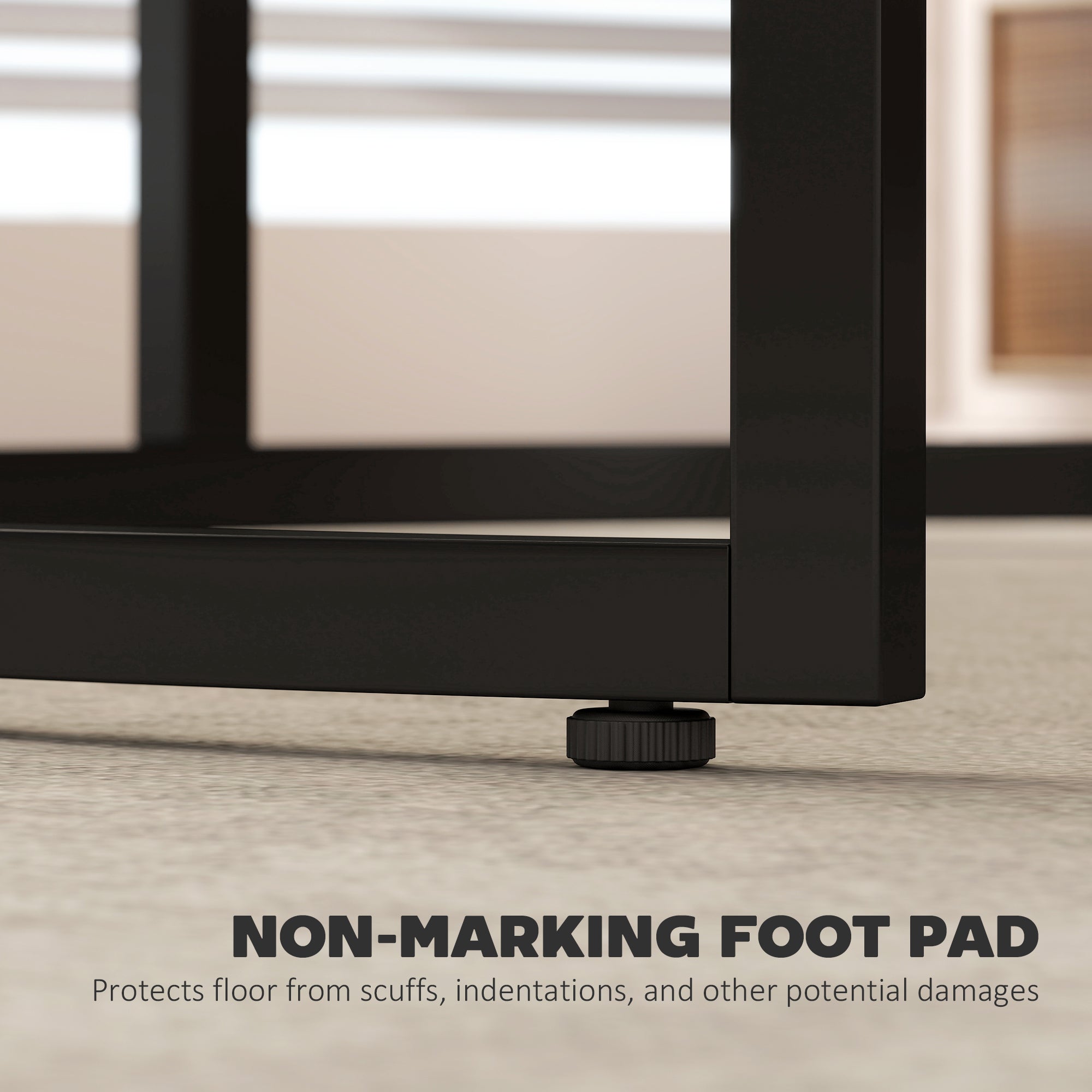 Black metal table leg with non-marking foot pad on rustic brown homcom wood-effect large stacking table tops