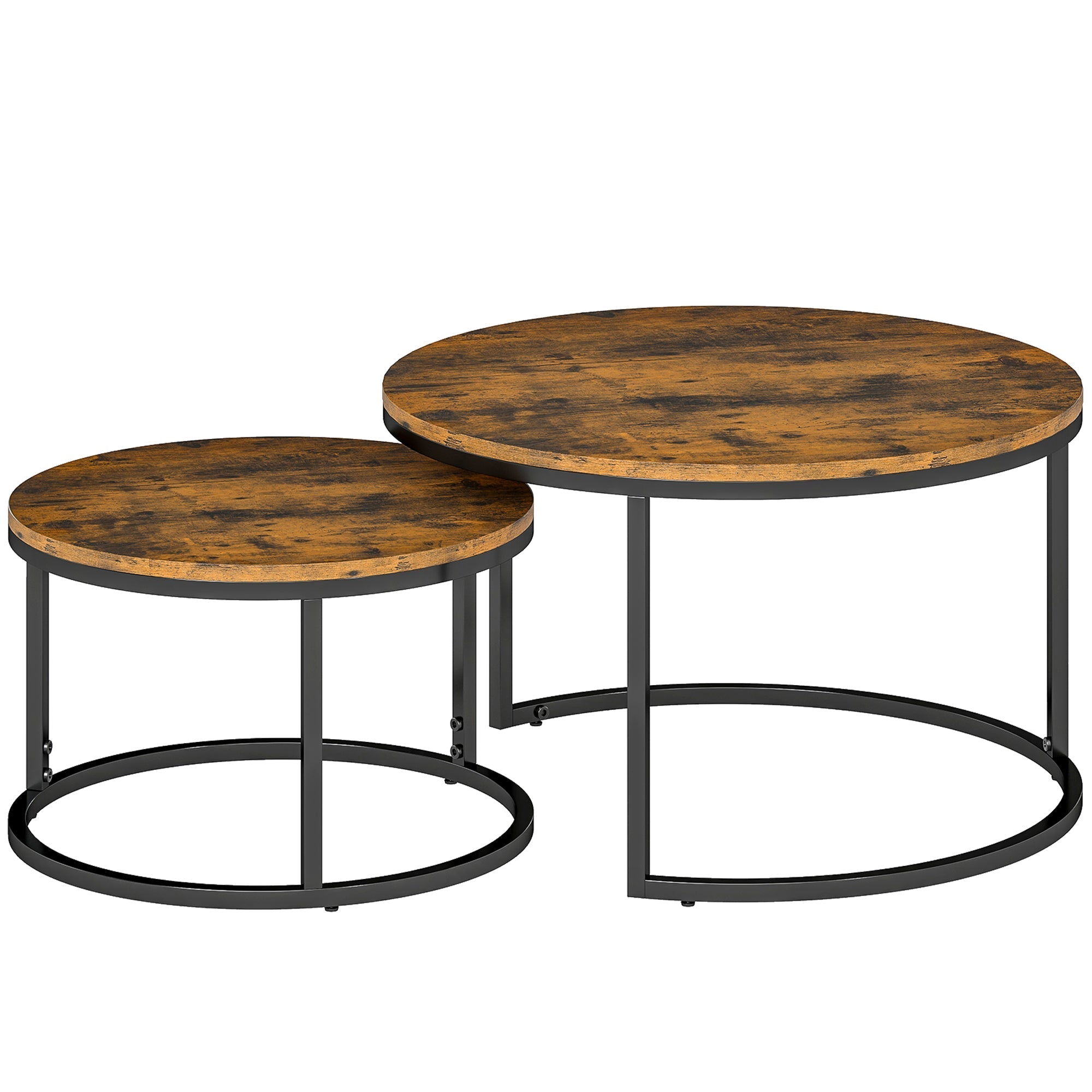 Set of two rustic brown coffee tables with distressed wood-effect tops and black metal frames by HOMCOM