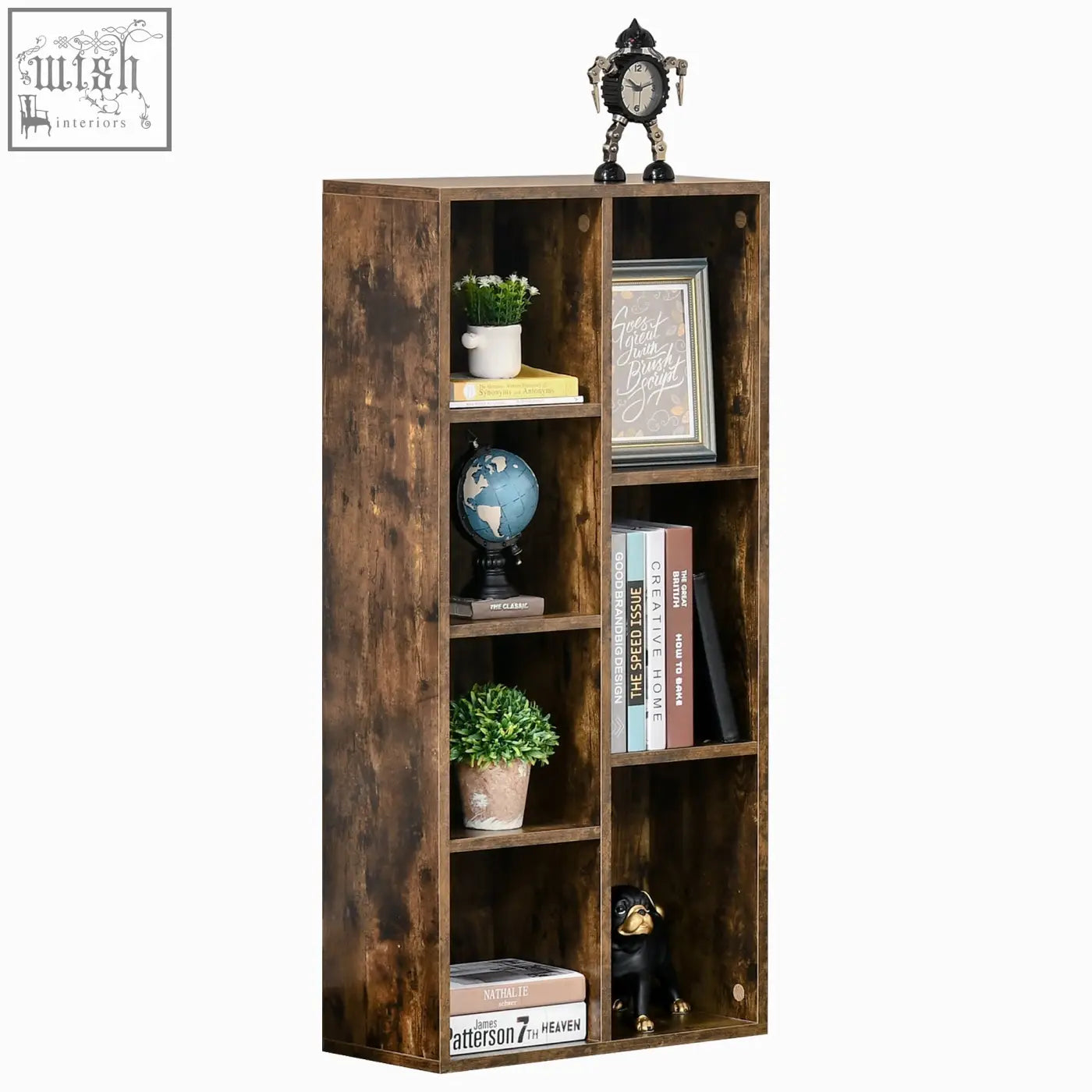 Rustic brown wooden bookshelf with distressed finish and particle board structure in homcom seven-cube bookcase