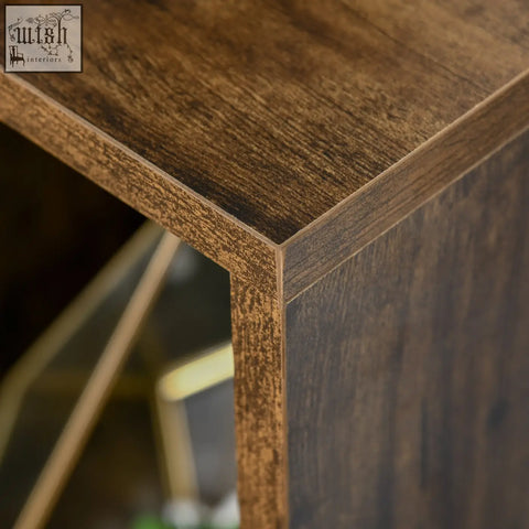 Corner of homcom seven-cube bookcase showing rustic brown particle board structure with visible wood grain pattern