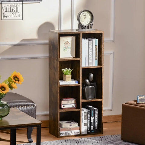 Dark brown rustic homcom seven-cube bookcase with particle board structure and open compartments with a clock on top