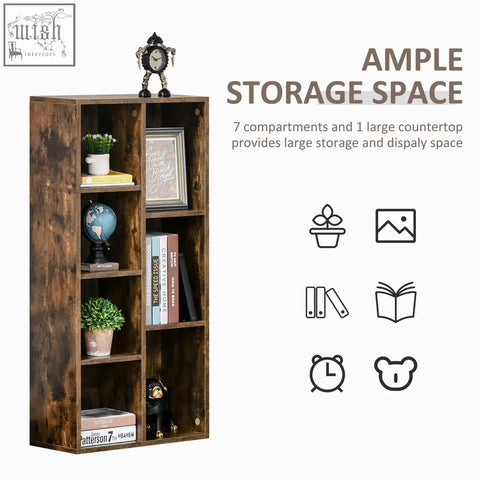 Rustic brown wooden seven-cube bookcase with large countertop made from particle board structure by HOMCOM